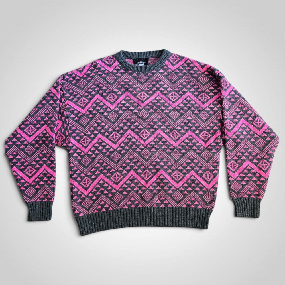 Vintage 80's 90's Aspen Lid Pink Grey Geometric Fair Isle Knit Sweater USA XL